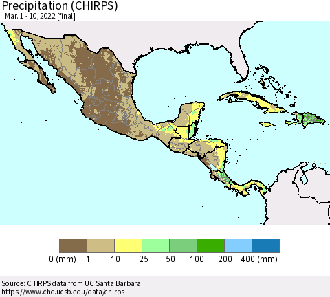 Mexico Central America and the Caribbean Precipitation (CHIRPS) Thematic Map For 3/1/2022 - 3/10/2022