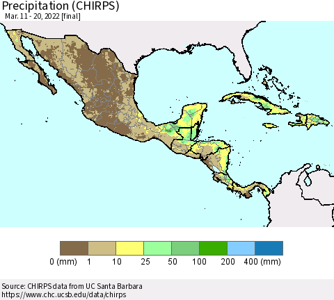 Mexico Central America and the Caribbean Precipitation (CHIRPS) Thematic Map For 3/11/2022 - 3/20/2022