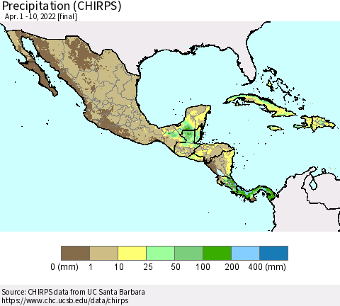 Mexico Central America and the Caribbean Precipitation (CHIRPS) Thematic Map For 4/1/2022 - 4/10/2022