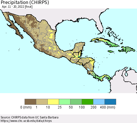 Mexico Central America and the Caribbean Precipitation (CHIRPS) Thematic Map For 4/11/2022 - 4/20/2022