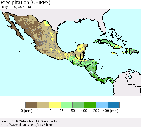 Mexico Central America and the Caribbean Precipitation (CHIRPS) Thematic Map For 5/1/2022 - 5/10/2022