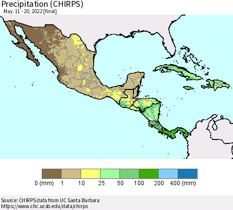 Mexico Central America and the Caribbean Precipitation (CHIRPS) Thematic Map For 5/11/2022 - 5/20/2022