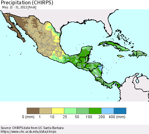 Mexico Central America and the Caribbean Precipitation (CHIRPS) Thematic Map For 5/21/2022 - 5/31/2022
