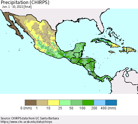 Mexico Central America and the Caribbean Precipitation (CHIRPS) Thematic Map For 6/1/2022 - 6/10/2022