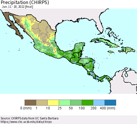 Mexico Central America and the Caribbean Precipitation (CHIRPS) Thematic Map For 6/11/2022 - 6/20/2022
