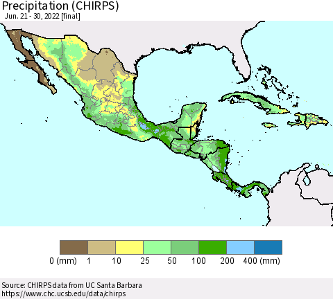 Mexico Central America and the Caribbean Precipitation (CHIRPS) Thematic Map For 6/21/2022 - 6/30/2022