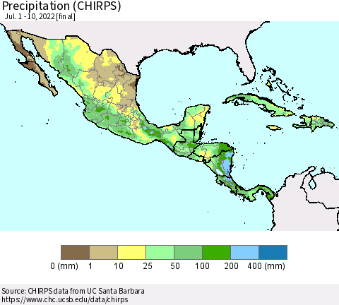 Mexico Central America and the Caribbean Precipitation (CHIRPS) Thematic Map For 7/1/2022 - 7/10/2022
