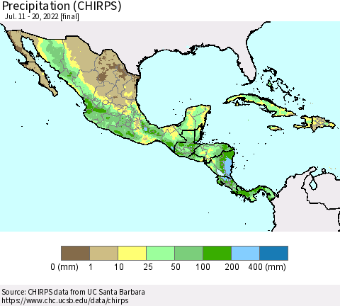 Mexico Central America and the Caribbean Precipitation (CHIRPS) Thematic Map For 7/11/2022 - 7/20/2022
