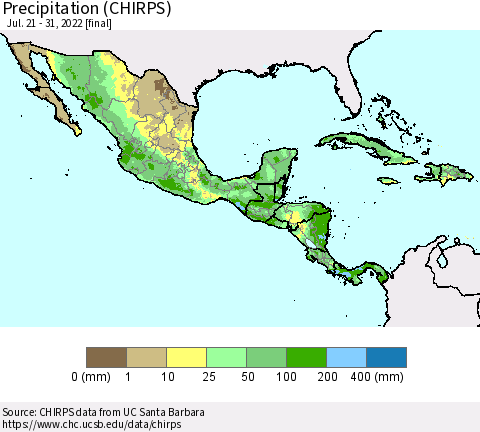 Mexico Central America and the Caribbean Precipitation (CHIRPS) Thematic Map For 7/21/2022 - 7/31/2022