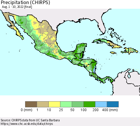 Mexico Central America and the Caribbean Precipitation (CHIRPS) Thematic Map For 8/1/2022 - 8/10/2022
