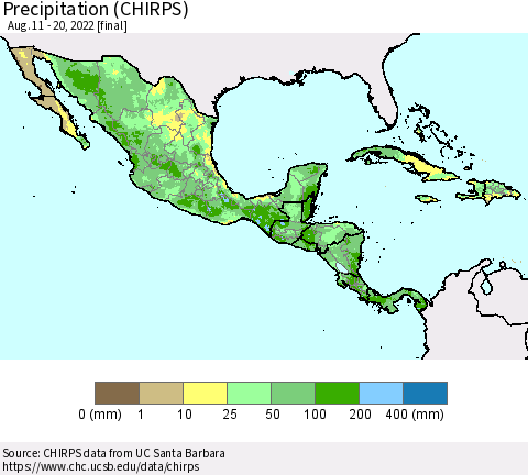 Mexico Central America and the Caribbean Precipitation (CHIRPS) Thematic Map For 8/11/2022 - 8/20/2022