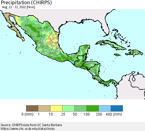 Mexico Central America and the Caribbean Precipitation (CHIRPS) Thematic Map For 8/21/2022 - 8/31/2022