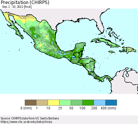 Mexico Central America and the Caribbean Precipitation (CHIRPS) Thematic Map For 9/1/2022 - 9/10/2022