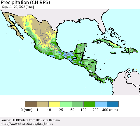 Mexico Central America and the Caribbean Precipitation (CHIRPS) Thematic Map For 9/11/2022 - 9/20/2022