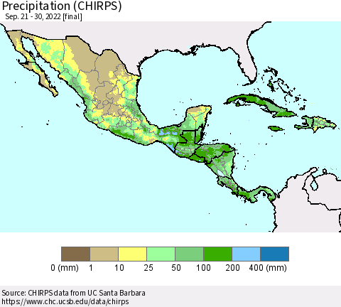 Mexico Central America and the Caribbean Precipitation (CHIRPS) Thematic Map For 9/21/2022 - 9/30/2022