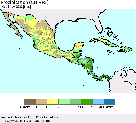 Mexico Central America and the Caribbean Precipitation (CHIRPS) Thematic Map For 10/1/2022 - 10/10/2022