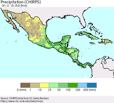 Mexico Central America and the Caribbean Precipitation (CHIRPS) Thematic Map For 10/11/2022 - 10/20/2022