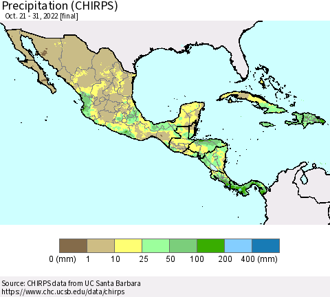 Mexico Central America and the Caribbean Precipitation (CHIRPS) Thematic Map For 10/21/2022 - 10/31/2022