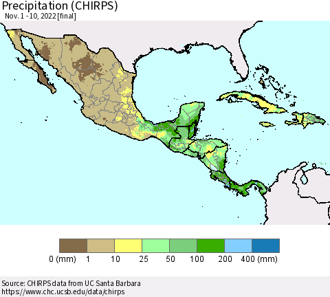 Mexico Central America and the Caribbean Precipitation (CHIRPS) Thematic Map For 11/1/2022 - 11/10/2022