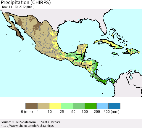 Mexico Central America and the Caribbean Precipitation (CHIRPS) Thematic Map For 11/11/2022 - 11/20/2022