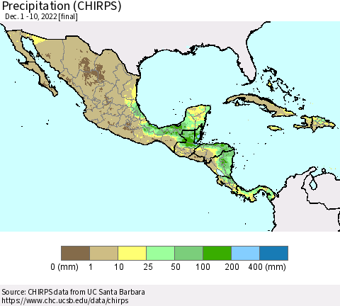 Mexico Central America and the Caribbean Precipitation (CHIRPS) Thematic Map For 12/1/2022 - 12/10/2022