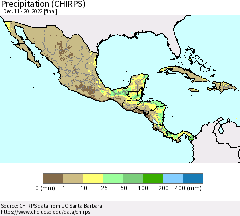 Mexico Central America and the Caribbean Precipitation (CHIRPS) Thematic Map For 12/11/2022 - 12/20/2022