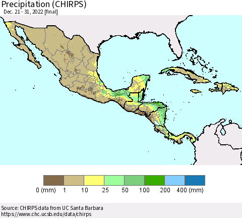 Mexico Central America and the Caribbean Precipitation (CHIRPS) Thematic Map For 12/21/2022 - 12/31/2022