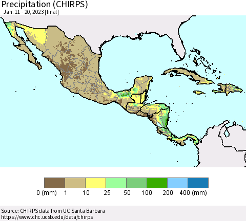 Mexico Central America and the Caribbean Precipitation (CHIRPS) Thematic Map For 1/11/2023 - 1/20/2023