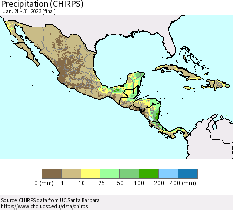 Mexico Central America and the Caribbean Precipitation (CHIRPS) Thematic Map For 1/21/2023 - 1/31/2023