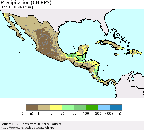 Mexico Central America and the Caribbean Precipitation (CHIRPS) Thematic Map For 2/1/2023 - 2/10/2023