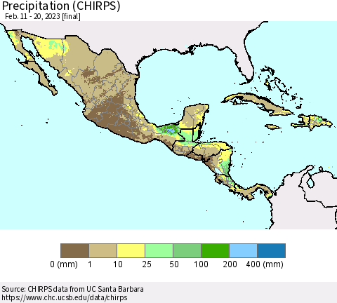 Mexico Central America and the Caribbean Precipitation (CHIRPS) Thematic Map For 2/11/2023 - 2/20/2023