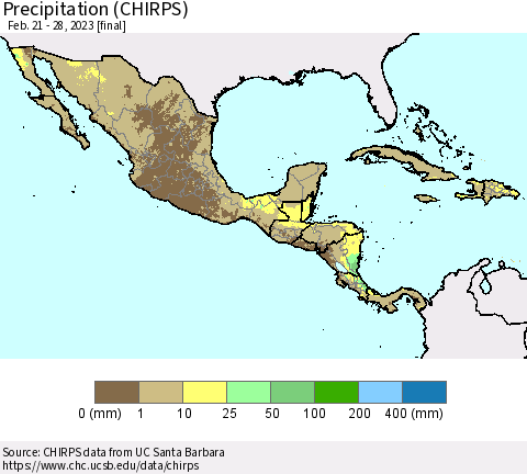 Mexico Central America and the Caribbean Precipitation (CHIRPS) Thematic Map For 2/21/2023 - 2/28/2023