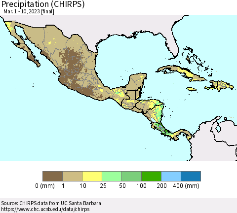 Mexico Central America and the Caribbean Precipitation (CHIRPS) Thematic Map For 3/1/2023 - 3/10/2023