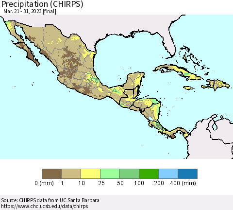Mexico Central America and the Caribbean Precipitation (CHIRPS) Thematic Map For 3/21/2023 - 3/31/2023