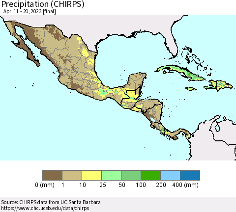 Mexico Central America and the Caribbean Precipitation (CHIRPS) Thematic Map For 4/11/2023 - 4/20/2023