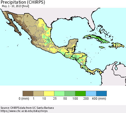 Mexico Central America and the Caribbean Precipitation (CHIRPS) Thematic Map For 5/1/2023 - 5/10/2023