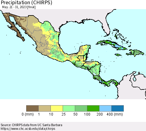 Mexico Central America and the Caribbean Precipitation (CHIRPS) Thematic Map For 5/21/2023 - 5/31/2023