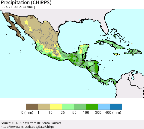 Mexico Central America and the Caribbean Precipitation (CHIRPS) Thematic Map For 6/21/2023 - 6/30/2023