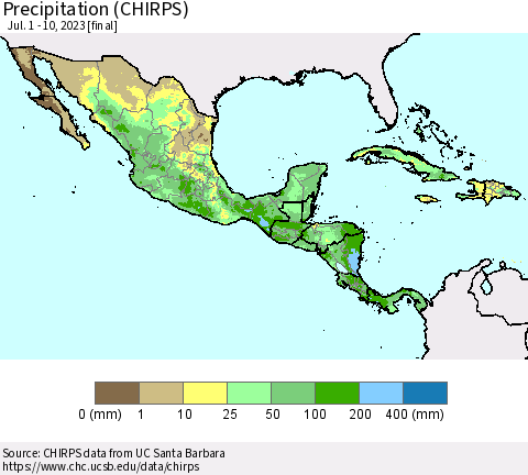 Mexico Central America and the Caribbean Precipitation (CHIRPS) Thematic Map For 7/1/2023 - 7/10/2023
