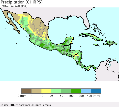 Mexico Central America and the Caribbean Precipitation (CHIRPS) Thematic Map For 8/1/2023 - 8/10/2023