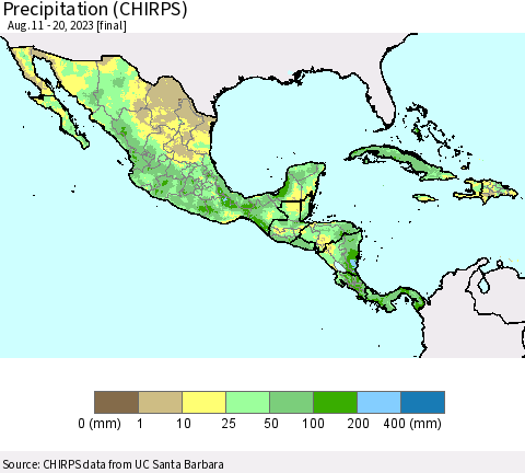 Mexico Central America and the Caribbean Precipitation (CHIRPS) Thematic Map For 8/11/2023 - 8/20/2023