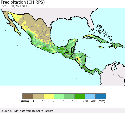 Mexico Central America and the Caribbean Precipitation (CHIRPS) Thematic Map For 9/1/2023 - 9/10/2023
