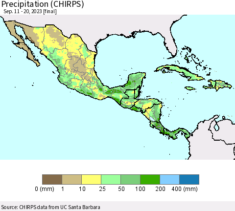 Mexico Central America and the Caribbean Precipitation (CHIRPS) Thematic Map For 9/11/2023 - 9/20/2023