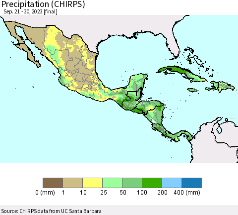 Mexico Central America and the Caribbean Precipitation (CHIRPS) Thematic Map For 9/21/2023 - 9/30/2023