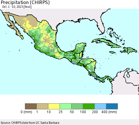 Mexico Central America and the Caribbean Precipitation (CHIRPS) Thematic Map For 10/1/2023 - 10/10/2023