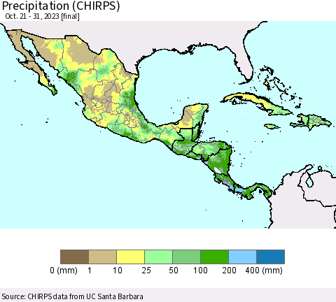 Mexico Central America and the Caribbean Precipitation (CHIRPS) Thematic Map For 10/21/2023 - 10/31/2023