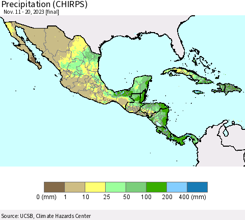 Mexico Central America and the Caribbean Precipitation (CHIRPS) Thematic Map For 11/11/2023 - 11/20/2023