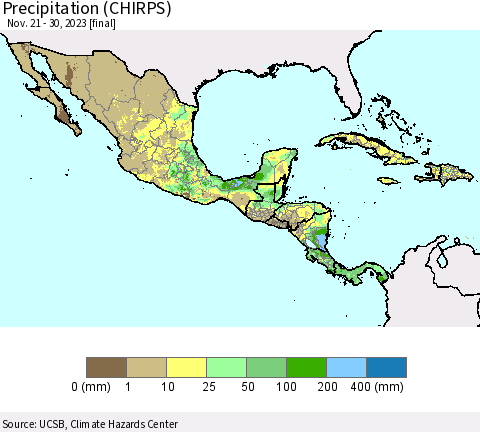 Mexico Central America and the Caribbean Precipitation (CHIRPS) Thematic Map For 11/21/2023 - 11/30/2023