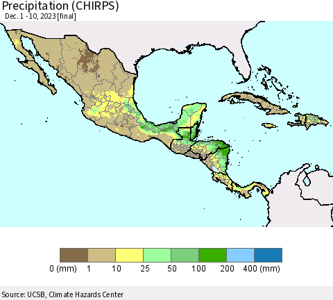 Mexico Central America and the Caribbean Precipitation (CHIRPS) Thematic Map For 12/1/2023 - 12/10/2023