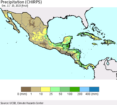 Mexico Central America and the Caribbean Precipitation (CHIRPS) Thematic Map For 12/11/2023 - 12/20/2023